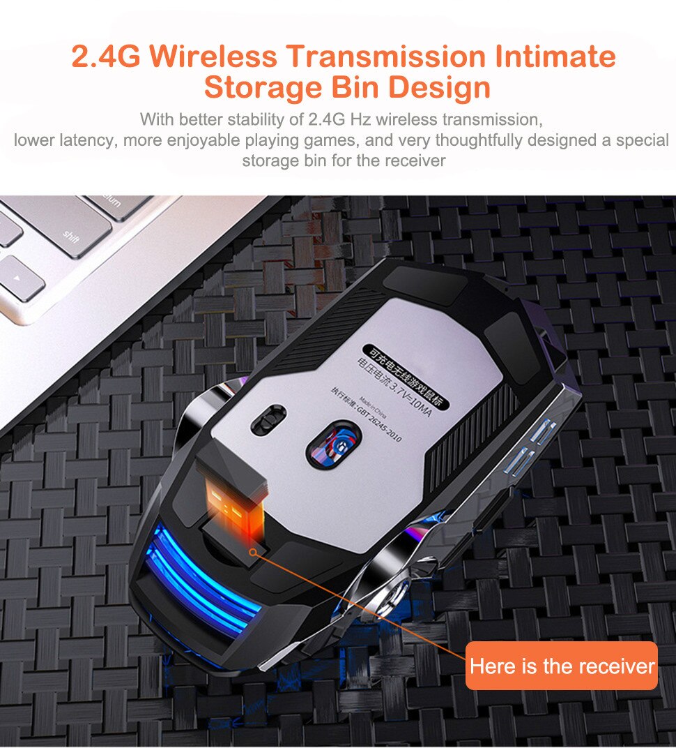 CHYCET Wireless Mouse Rechargeable Silent Gaming Mouse 1600 DPI LED Backlit 2.4G 7 Keys Computer Mouse For Laptop PC Gamer