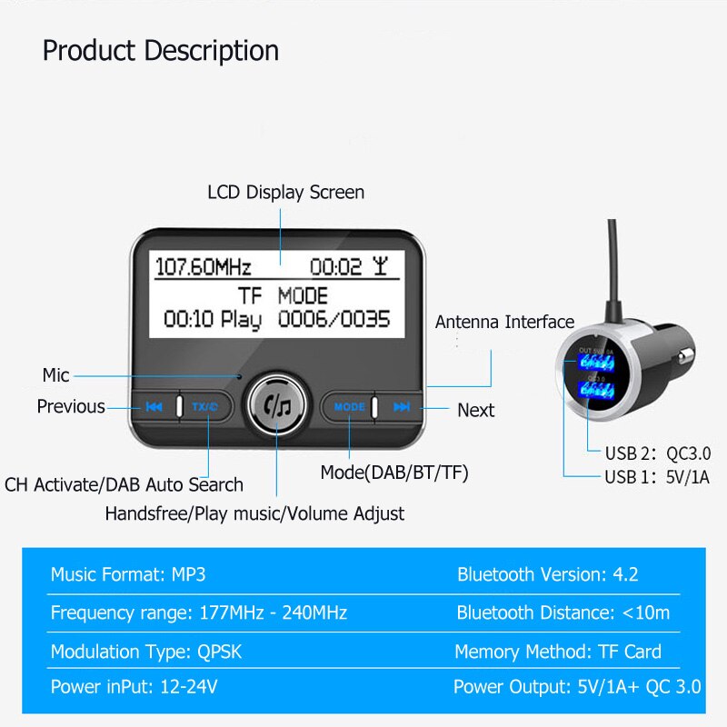 DAB Bluetooth Fm-zender 2.4 "Lcd-scherm Handsfree AUX FM Modulator Multifunctionele Ondersteuning Autolader QC3.0 Met DAB Antenne