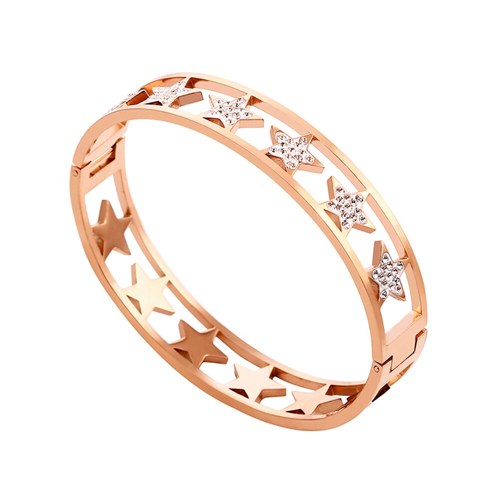 Prata ouro aço inoxidável pulseiras largas para mulheres estrelas de cristal branco pode abrir e fechar mão pulseiras presente 2021 novo