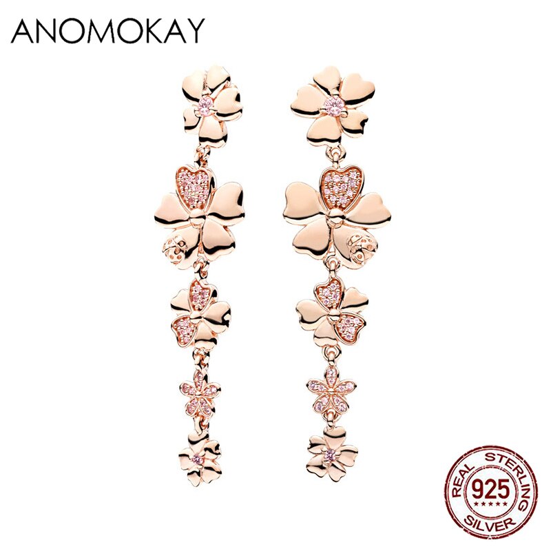 Authentic 925 Sterling Silver Clear CZ Long Flowers Earrings for Women Girl Jewelry Silver 925 Rose Gold Ear Ornament: Default Title