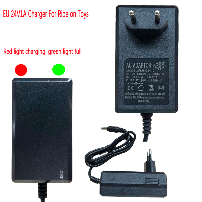 24V1A EU-stekker elektrische autolader voor kinderen met lichte prompt, rit op speelgoedauto-voedingsadapter, 24V-batterijlader, 2,1 MM
