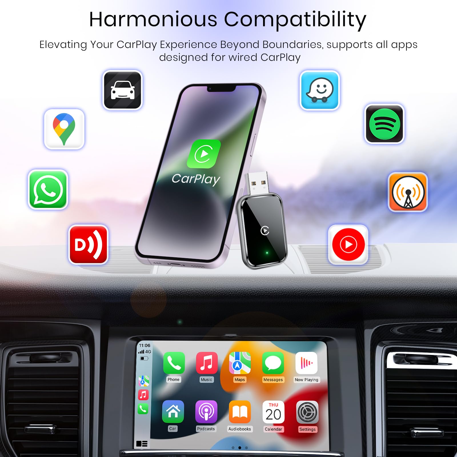 Draadloze CarPlay-adapter voor iPhone, 2 in1 bedraad naar draadloze CarPlay, draadloze Apple Carplay-adapter met USB-C/Type-C Android Auto