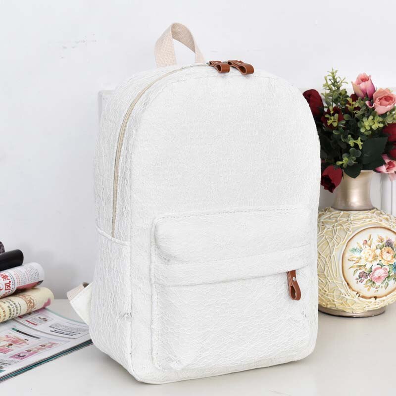 Women Solid Lace Canvas Backpacks Students Girl Backpack Female Casual Large Capacity School Bags Black/White: White