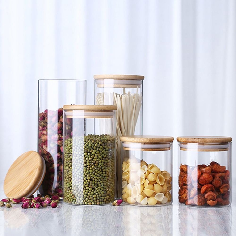Organizador de vidro transparente, garrafa de armazenamento de vidro de borosilicate para cozinha, ingrediente de alimentos, jarra de armazenamento de biscoito
