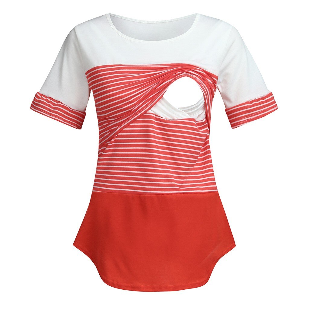 Maternity Clothes Women Maternity Short Sleeve Striped Nursing Baby Pregnancy shirt For Breastfeeding zwangerschaps kleding@30: red / XXL