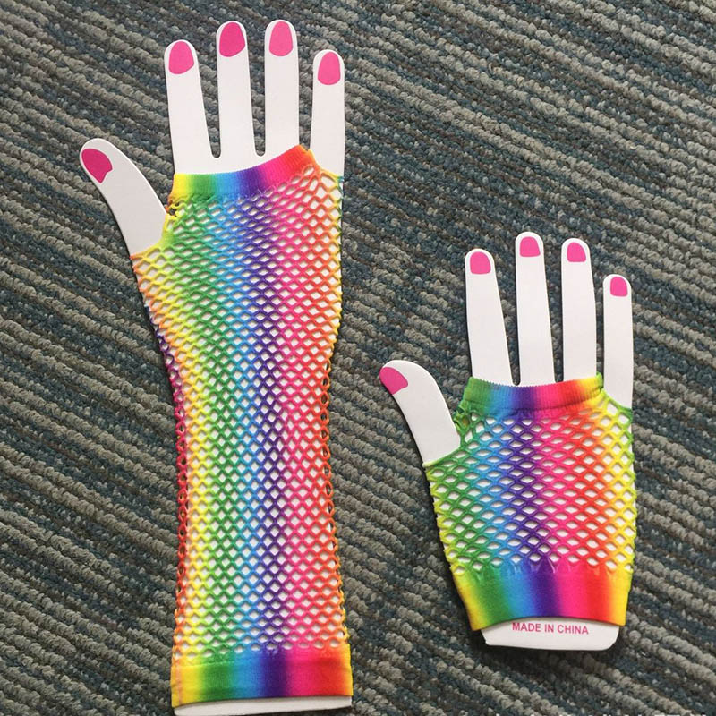 1 paar Regenbogen Farbe Damen sexy Gittergewebe Netz Fischnetz Handschuhe Frauen Aushöhlen Löcher Finger Handschuhe Dame Disko tanzen Kostüm handschuh