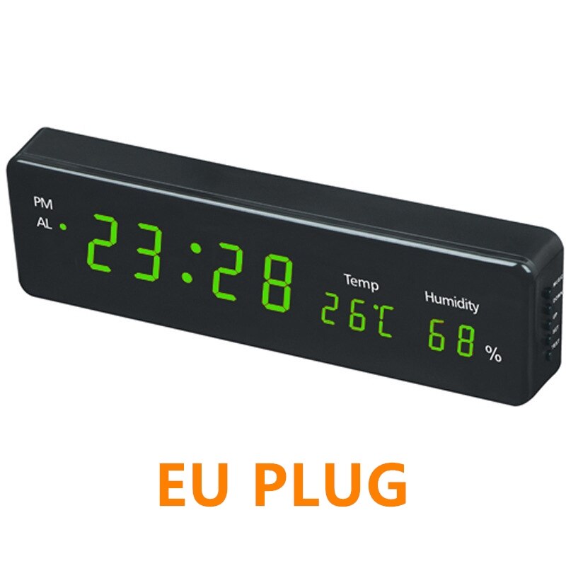 Big Number Large LCD Digital Wall Clock Multi-function Electronic Bedside Table Clock Desk Alarm Clock With Temperature Humidity: Green EU PLUG