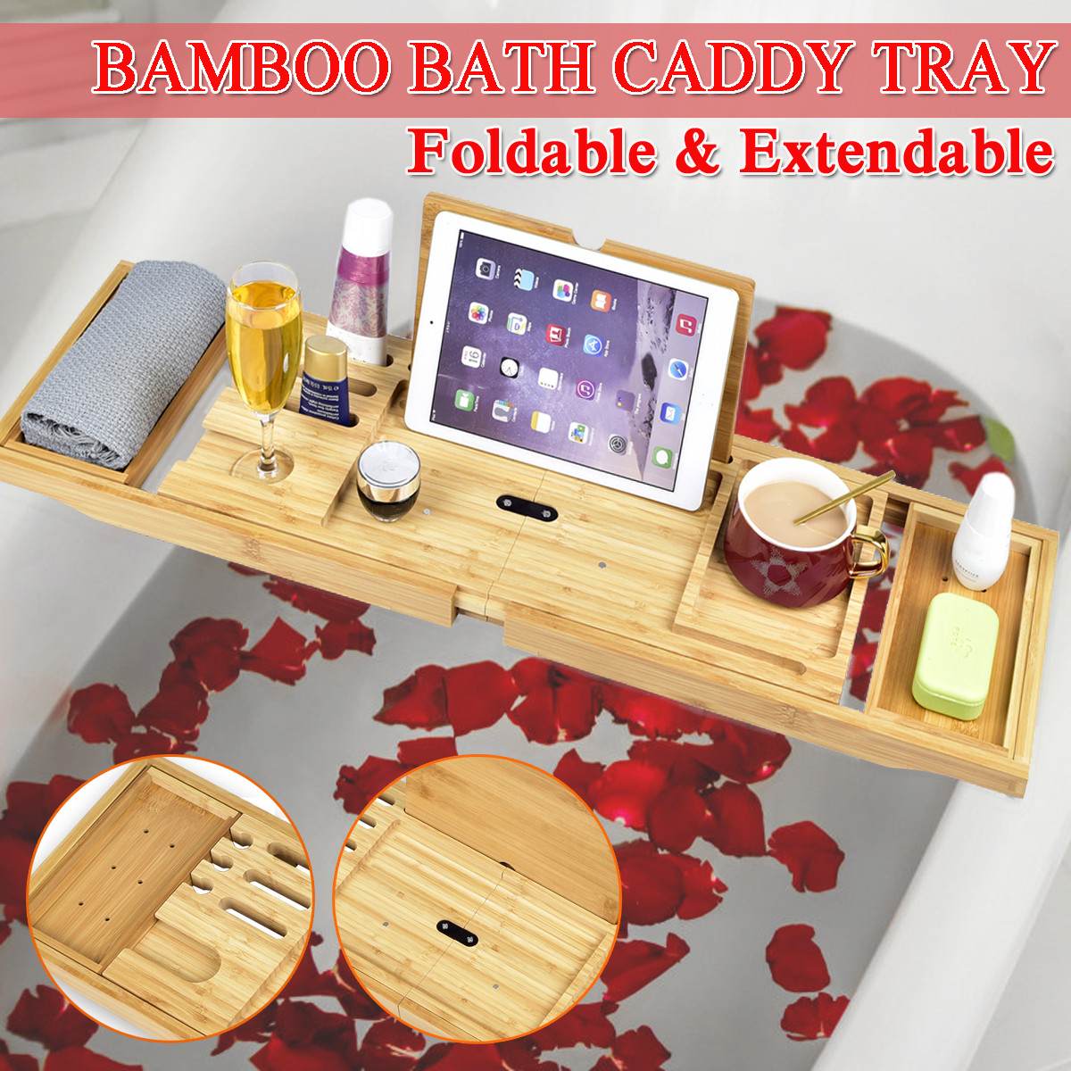 105Cm Uitschuifbare Bamboe Bad Caddy Tray Opvouwbare Home Spa Houten Bad Tray Boek Wijn Tablet Holder Rack