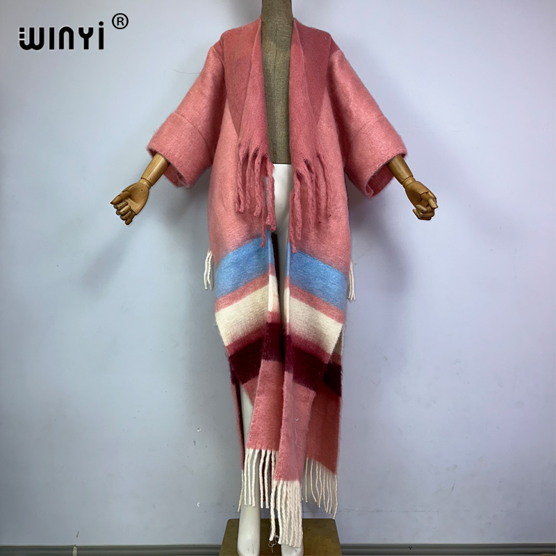 WINYI 2023 winter coat for women print tassels Luxury Long Fur OverCoat Thick Warm long down coat party jacket: Brown