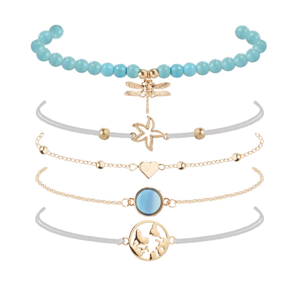 Sindlan 5Stck Blau Naturstein Perlen Armbänder für Frauen Charme Weben Karte der Quaddel mit Grau Seil Boho Weibliche handgelenk Schmuck