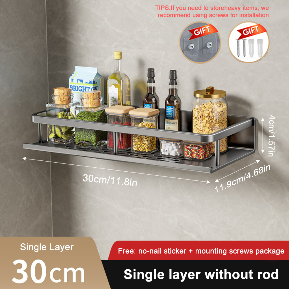 1/2 Stuks Geen Punch Kruidenrek Wandmontage Keuken Spice Organizer Met Haak Staaf Kruidenrek Spice Plank badkamer Keuken Plank: Light Grey