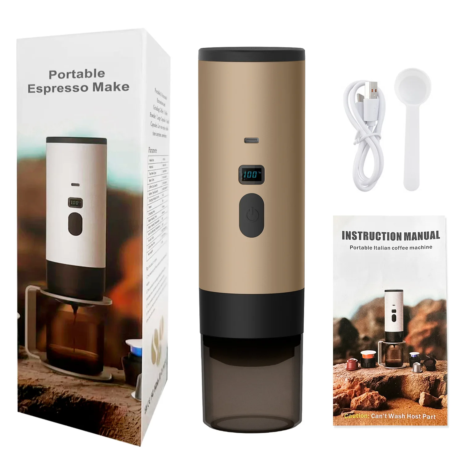 3- i -1 trådlös elektrisk bärbar espressomaskin för bil och hemmacamping kaffebryggare kapselpulver resekaffebryggare: Gul