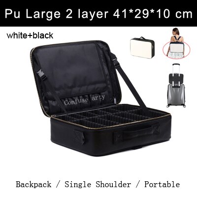 Leather Clapboard Cosmetic Bag Make Up Box Large Capacity Storage Handbag Travel Insert Toiletry Makeup suitcase: Large PU White