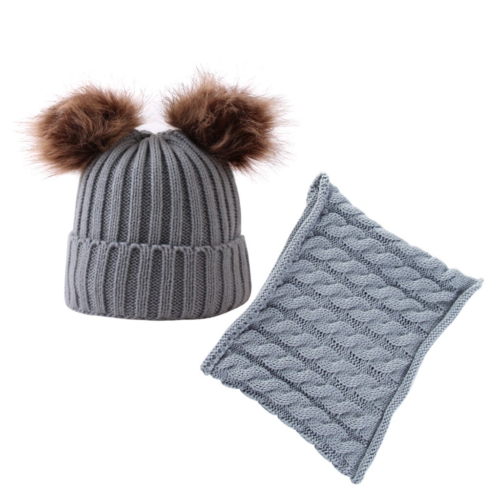 Vinter varm unisex solid två stycken stickad keps för barn med två päls boll halsduk vintermössa för jul: Grå