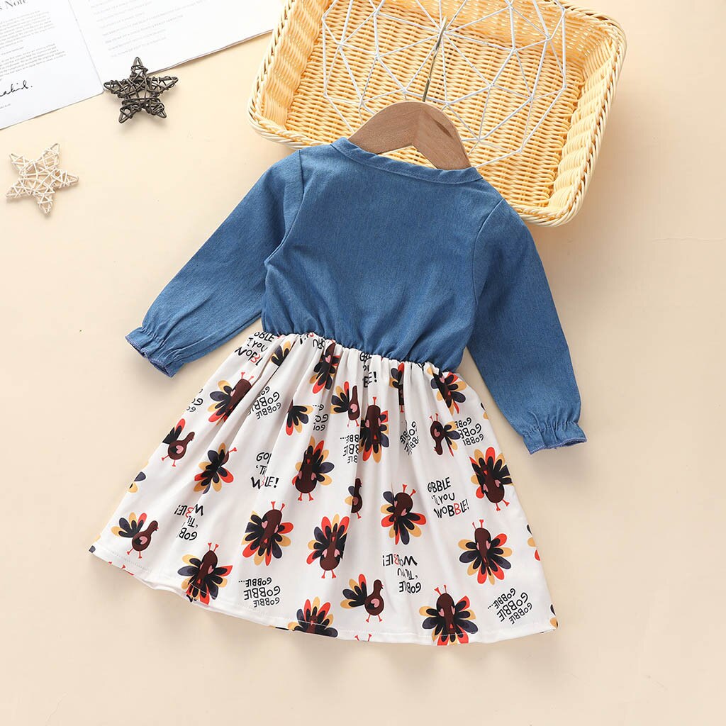 Peuter Kids Baby Meisje Kleding Thanksgiving Kalkoen Cartoon Print Jurk Winter O Hals Prinses Jurk Lange Mouwen Denim Jurk