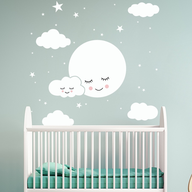 Respetuoso con el medio ambiente blanco nubes de dibujos animados Luna pegatinas de pared bebé habitación niños removible de decoración de habitación vinilo pared calcomanías habitaciones decoración del hogar