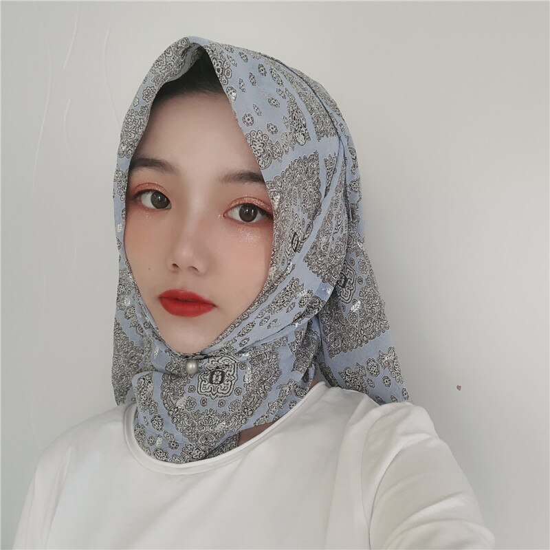 Muslim headscarf retro chiffon crepe scarf silver print long scarf Dubai headscarf hijab