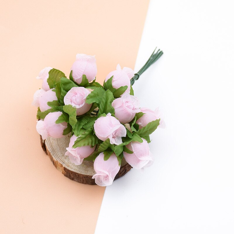 12 uds/paquete de seda artificial mini capullo de rosa cabeza de flor DIY ramo de flores caja de scrapbooking boda decoración de en casa: Rosa claro