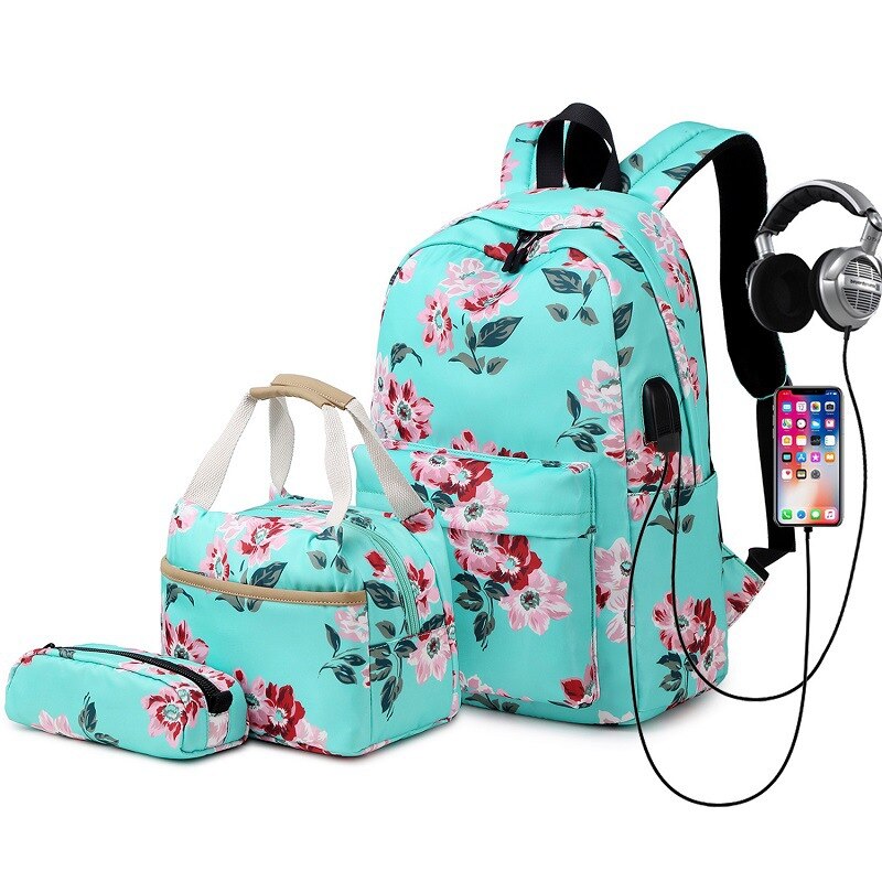 conjunto de mochila escolar impermeable de Nylon para chicas adolescentes, de 15 pulgadas mochila para portátil, bolsa de almuerzo para niños, bolso de mano, bolso de mano: Green 1 Set