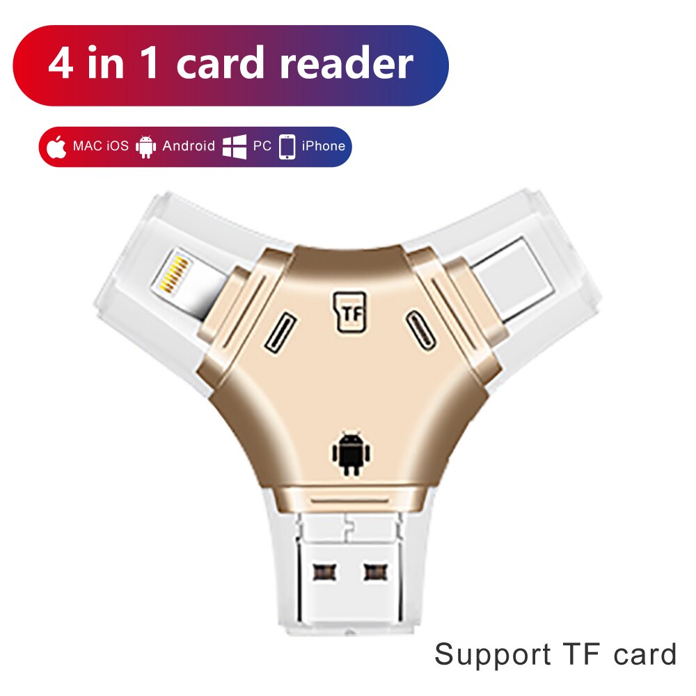 Micro sd tf-kaartlezer, flash-geheugenkaartadapter voor apple iphone, ipad, android-telefoon, macbook, computer 1 4 in -c-lezers: Goud
