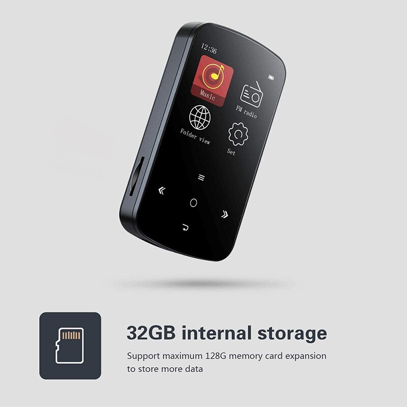 Reproductor MP3 de 32GB con Clip y Bluetooth, Mini dispositivo deportivo con pantalla táctil portátil con podómetro, Radio FM, auricular grabador de voz