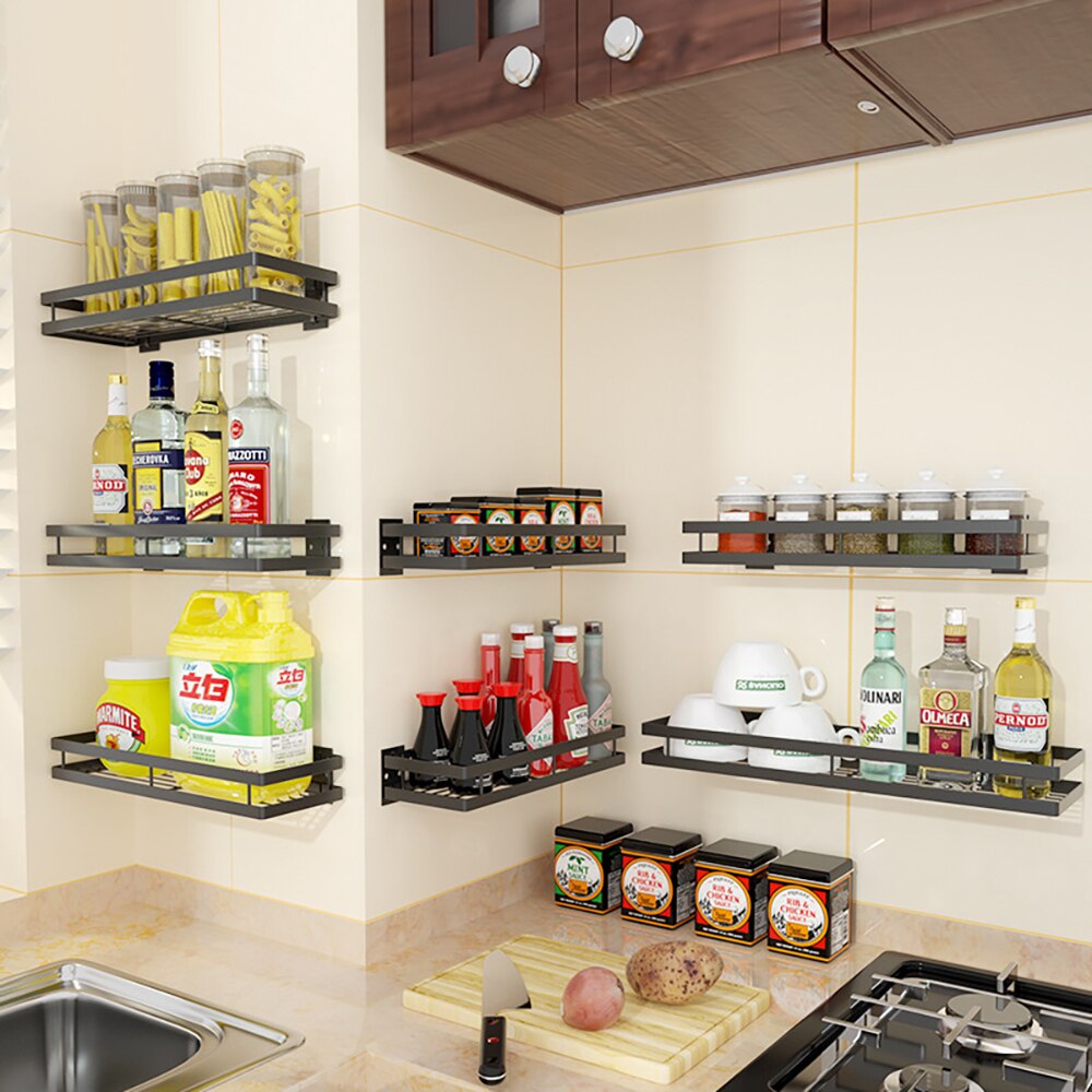 Køkken arrangør vægbeslag holder holder væg opbevaring hylde til krydderi krukke rack kabinet hylder køkken gadgets forsyninger