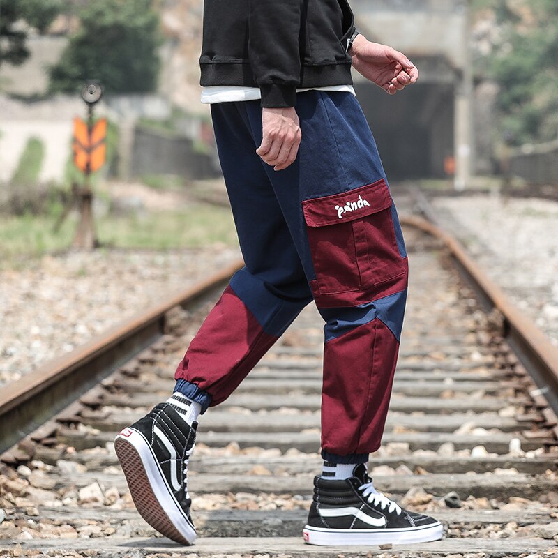 Hiphop Heren cargo broek met veel zakken Patchwork pantalones Zwart legergroen Blauw enkellange Lente Herfst
