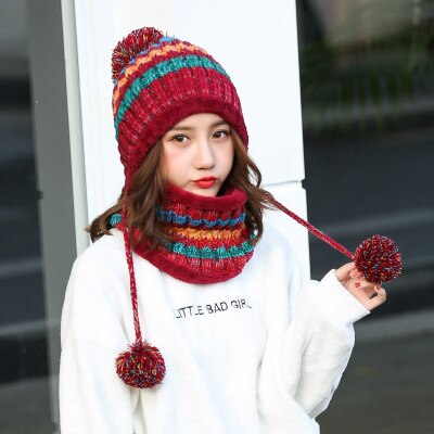 BINGYUANHAOXUAN-gorro de punto para mujer, gorros con bufanda, gorros, gorros de invierno cálido holgado para niña, gorros de lana para niña: red wine