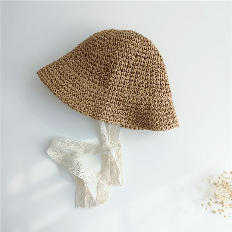 DeePom Girls Straw Hats Summer Sun Hats For Girl Child Children Baby Beach Hats Long Lace Ribbon Kids Sunscreen Sunhat Cap: Khaki