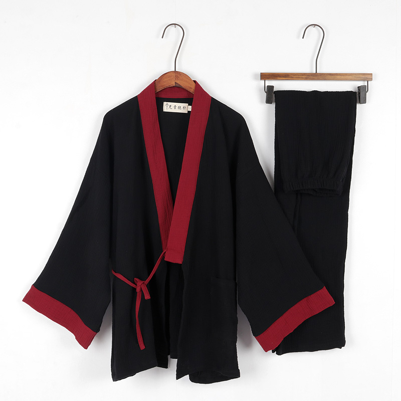 Kimono japonais hanfu pour hommes et femmes, en crêpe délavée, en coton pur, manches longues, peignoir de bain, ensemble haut et pantalon yukata, 2022: color2 / M