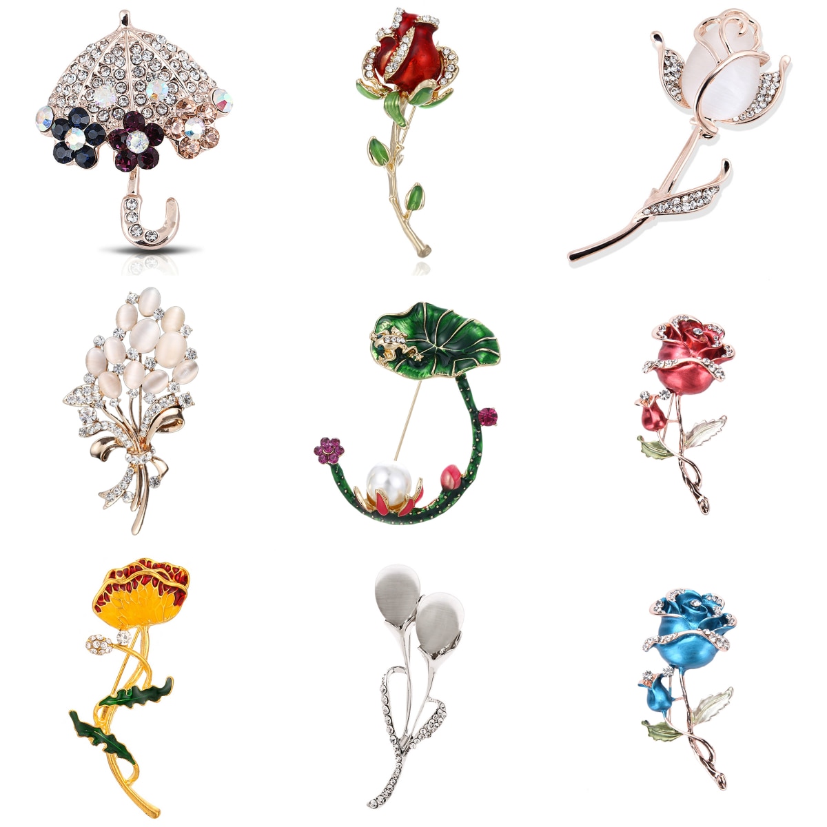 Vintage Flower Rose Tulip Umbrella Orchid Rhinestone Pins And Brooches For Women Collar Lapel Pins Badge Brooch Jewelry Female