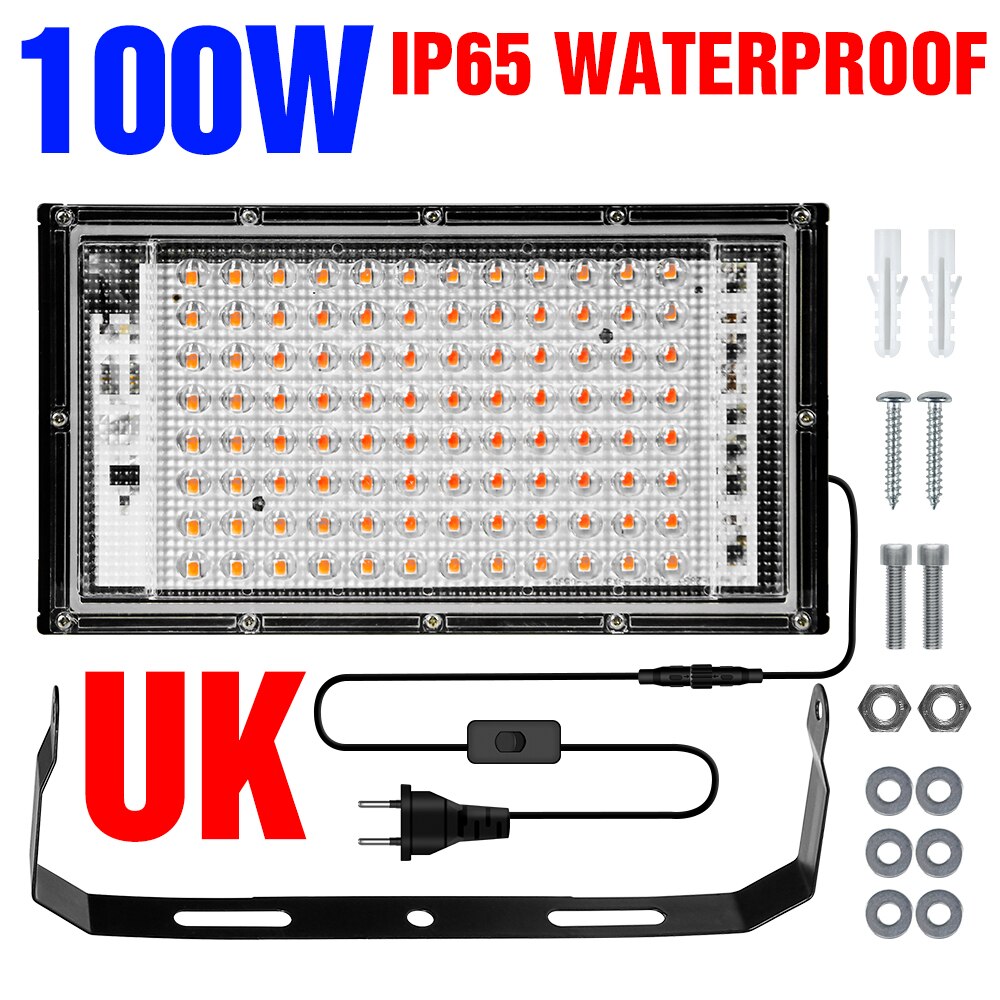 Luz LED de espectro completo para cultivo, reflector de plantas, IP65, impermeable, 50W, 220 W, Fitolamp con enchufe de la UE: 100W With UK Plug