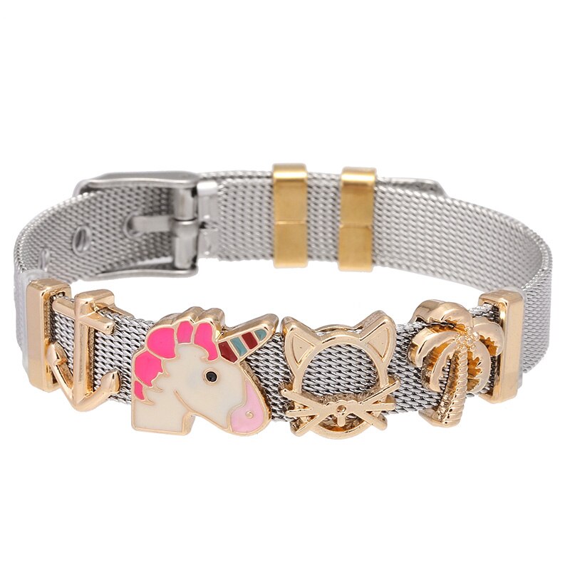 de joyería de acero inoxidable Keeper Mesh Bracelet Set con corazón Arco Iris unicornio finos dijes pulseras como para mujer: S006