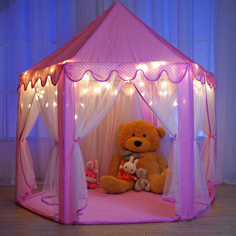 Meisjes Spelen Tent Hexagon Prinses Kasteel Huis Paleis Tenten Kinderen Speelhuisje Met Ster Licht Voor Indoor En Outdoor Roze