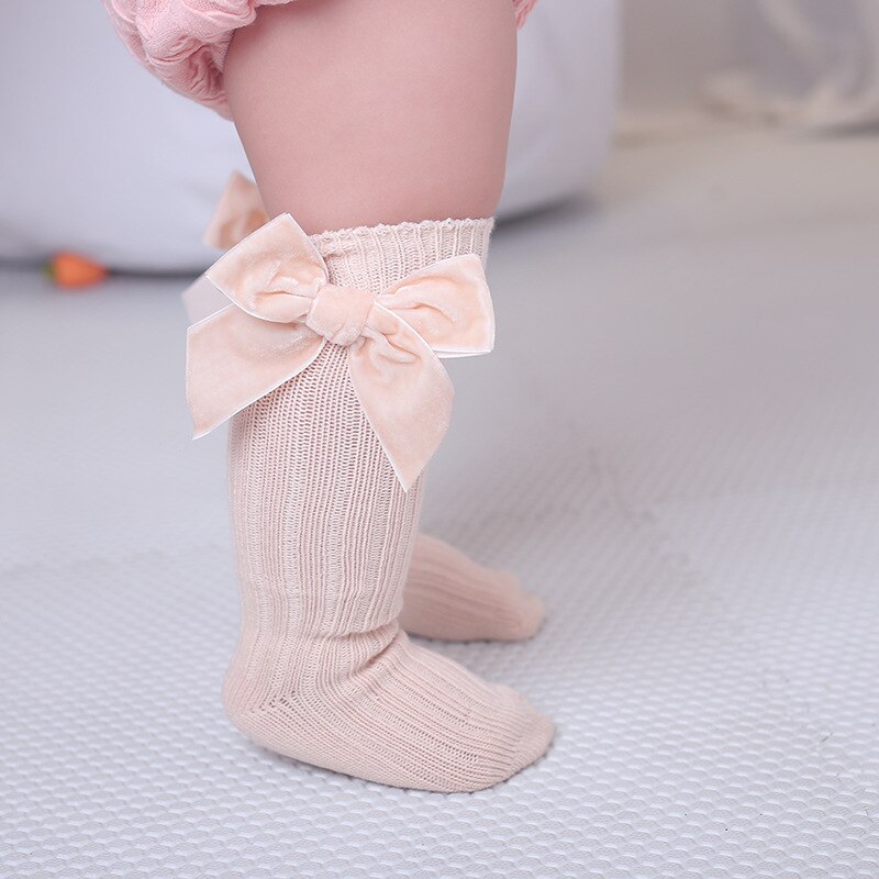 0-3Y Baby Girl Knee High Stockings Winter Warm Rib Knitted Solid with Big Velvet Bow for Infants Toddlers