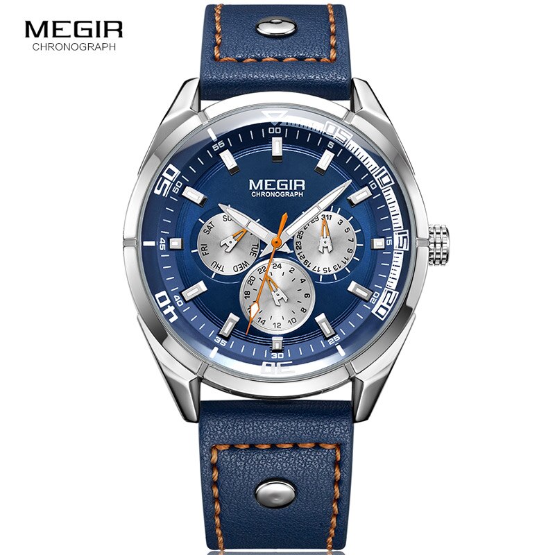 Megir Mannen Mode Lederen Quartz Horloges Met Kalender Datum Week 24-Uur Lichtgevende Horloge Voor Man Jongens Blauw 2072GBE-2