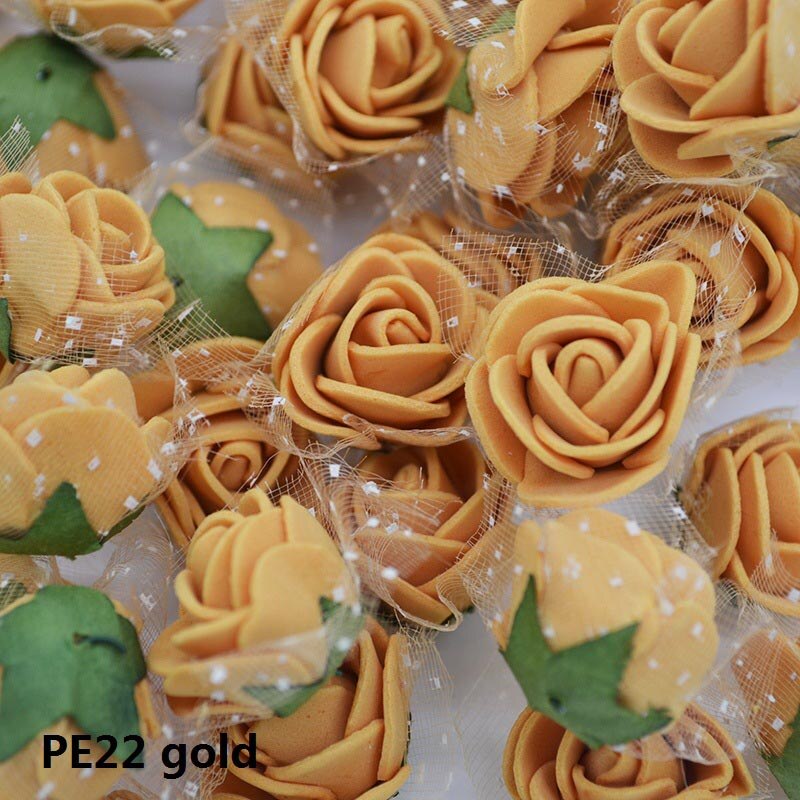 50 st 2cm mini pe skum rosor konstgjorda siden blomhuvuden handgjorda diy krans bröllop födelsedag hem inredning box tillbehör: Pe22 guld