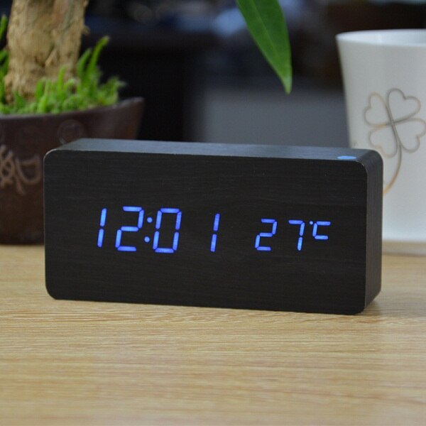 Mode Houten Wekkers Met Thermometer Eenvoudige Rechthoek Tafel Klokken Led Sound Control Desktop Decoratie Klok: black blue