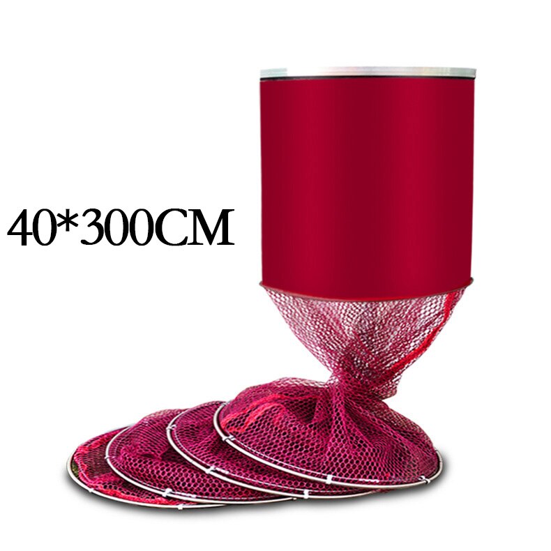 2M/2.5M/3M/4M Fish Net Folding Fishing Trap 25cm -45cm Dip Net Cage Storage Alive Basket Mesh Double Stainless Steel Rings B422: 40x300 red