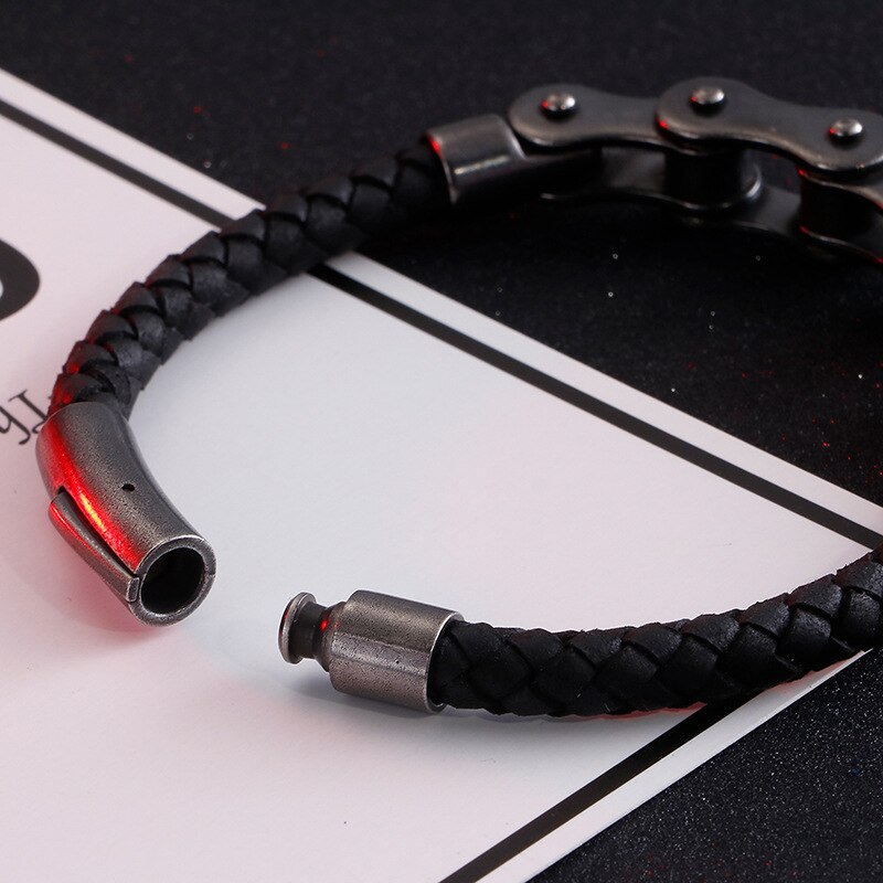 Trend Leather Braided Stainless Steel Bike Chain Bracelet Motorcycle Chain Wristband Men Bicycle Bangle JewelryWholesale