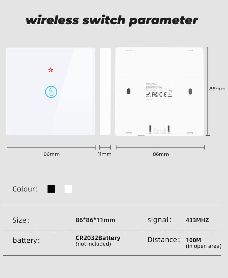 433MHZ Wiring-free Tempered Touch Wireless Switch Free Sticker + Hidden Switch Controller Module Set