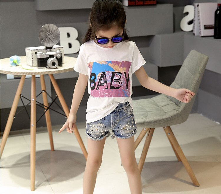 Baby girls jeansshorts pärlhål jeans byxor mjuka sommar barn jeans shorts barnkläder