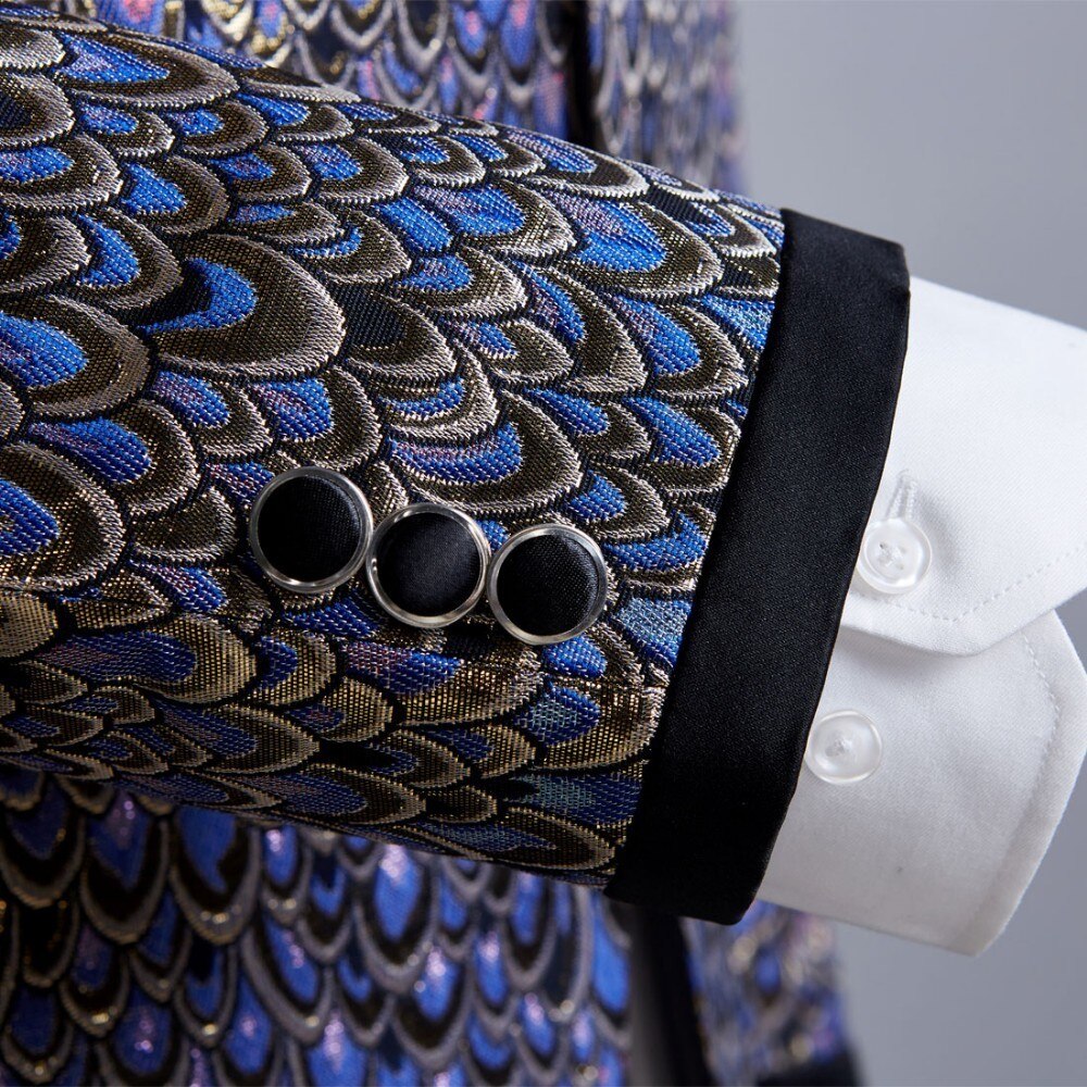 PYJTRL Male Shawl Lapel Gold Blue Jacquard Scale Pattern Slim Fit Blazer Hombre Suit Jacket Men Wedding Groom Singers Costume