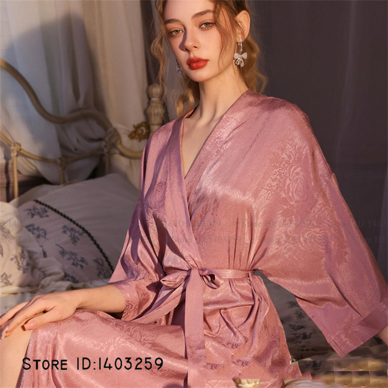 Chinese Style Jacquard Long Robe Nightgown Silk Satin Kimono Bathrobe Gown Spring Summer Sleepwear Home Dress Pajama: 3XL / SKY BLUE