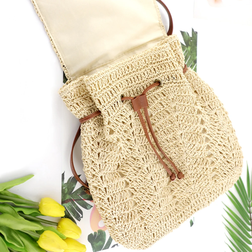 Women Straw Backpack Handmade Woven Casual Beach Shoulders Bucket Bag