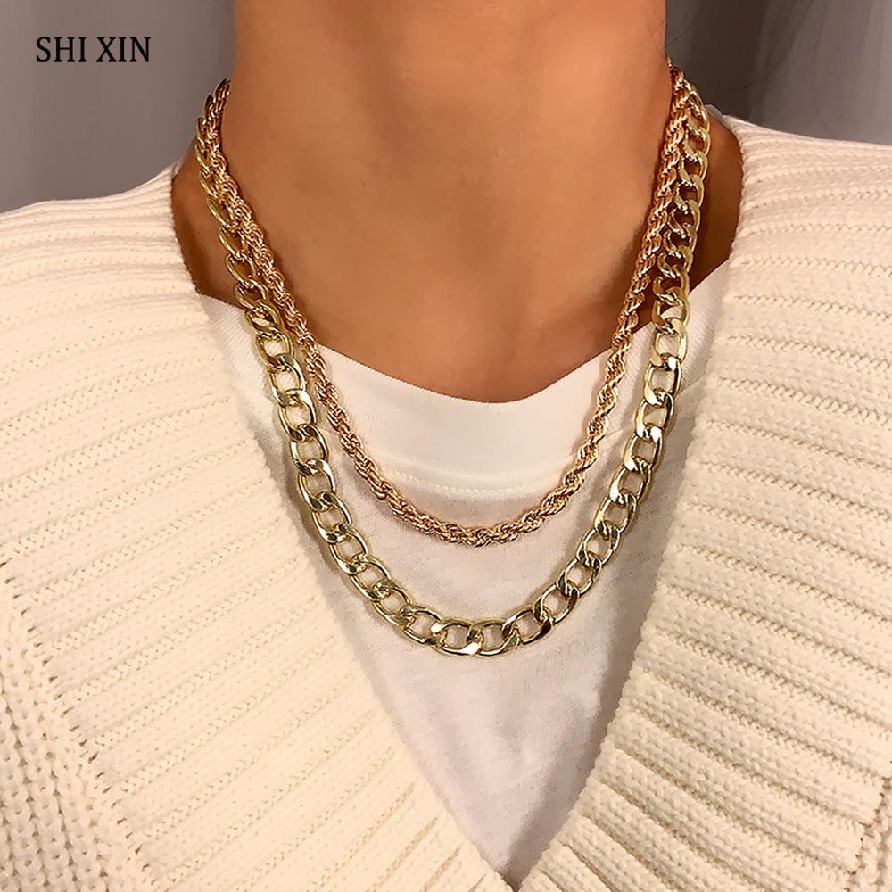 Shixin 2 stk / sæt hip hop chunky kæde halskæde på halsen punk lag tyk link kæde kort choker halskæde til kvinder smykker