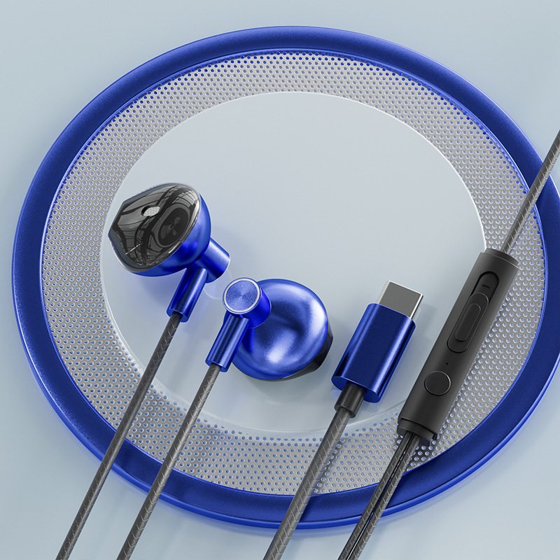 Type-C in-ear bedrade karaoke-hoofdtelefoon 3,5 mm stereo muziek oordopjes Handenvrije headset-oortelefoon met microfoon: Blauw