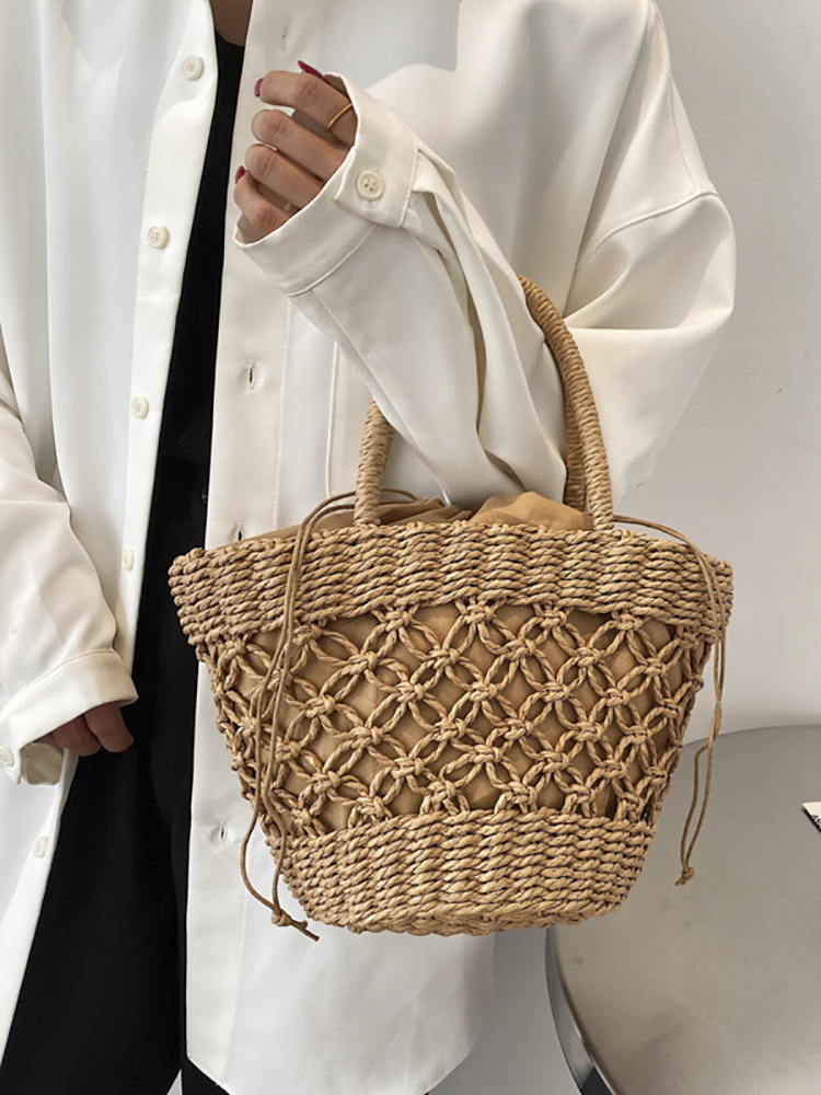 Vrouw Handtassen Stro Zomer Tassen Voor Vrouwen Geweven Tote Breien Grote Capaciteit Strand Reizen Emmer Shopper Schouder Vrouwen Tas: Khaki