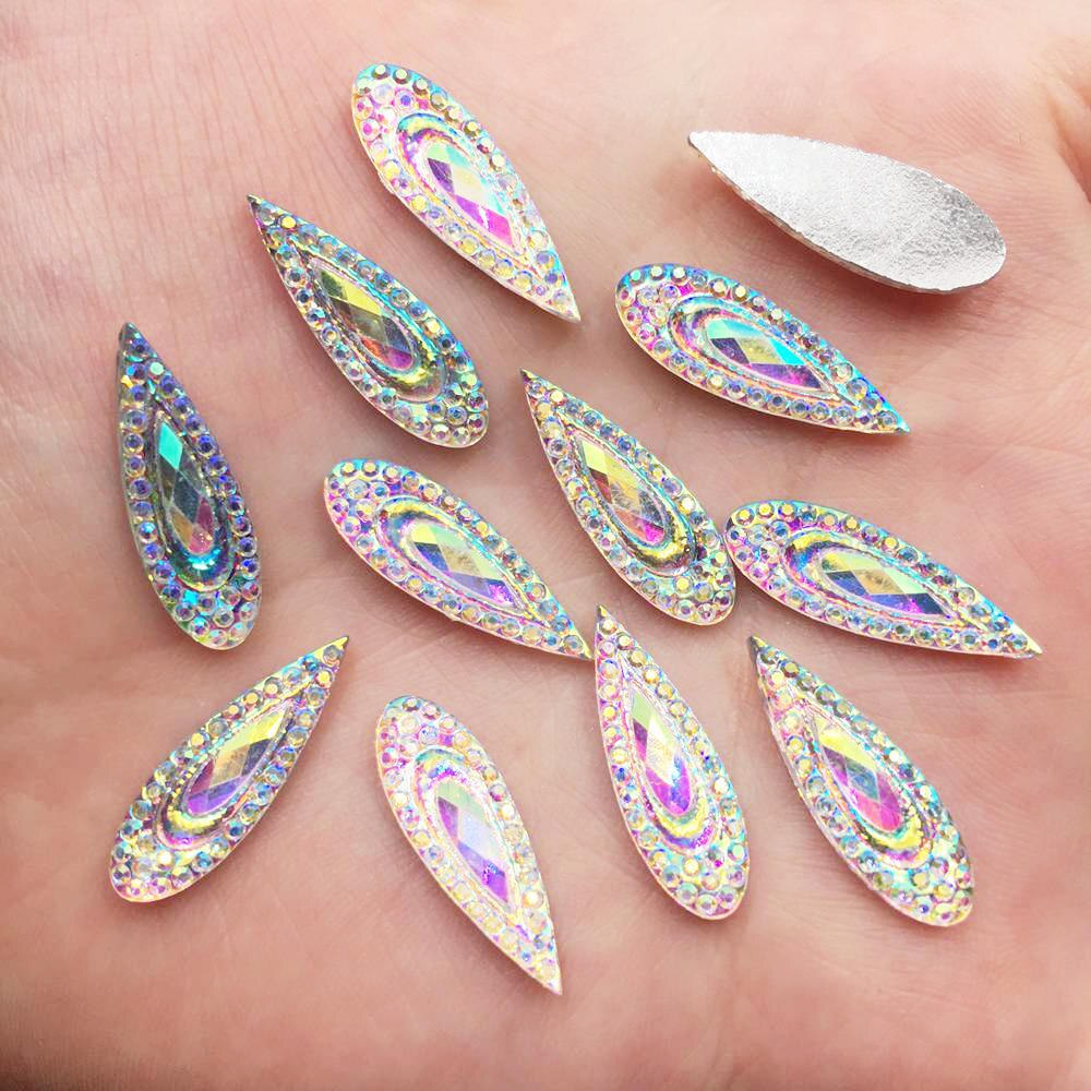 60 PCS shiny AB Hars 6*20mm Pauw eye Flat back rhinestone half Kraal bruiloft ornament DIY sieraden maken PF601