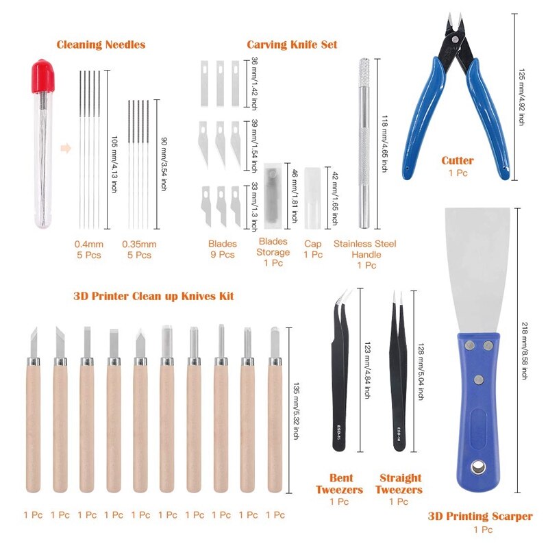 34 pièces imprimante 3D Kit d'accessoires, imprimante lit outil de nettoyage buse outil de nettoyage ensemble avec buse tuyau Silicone couvercle nettoyage